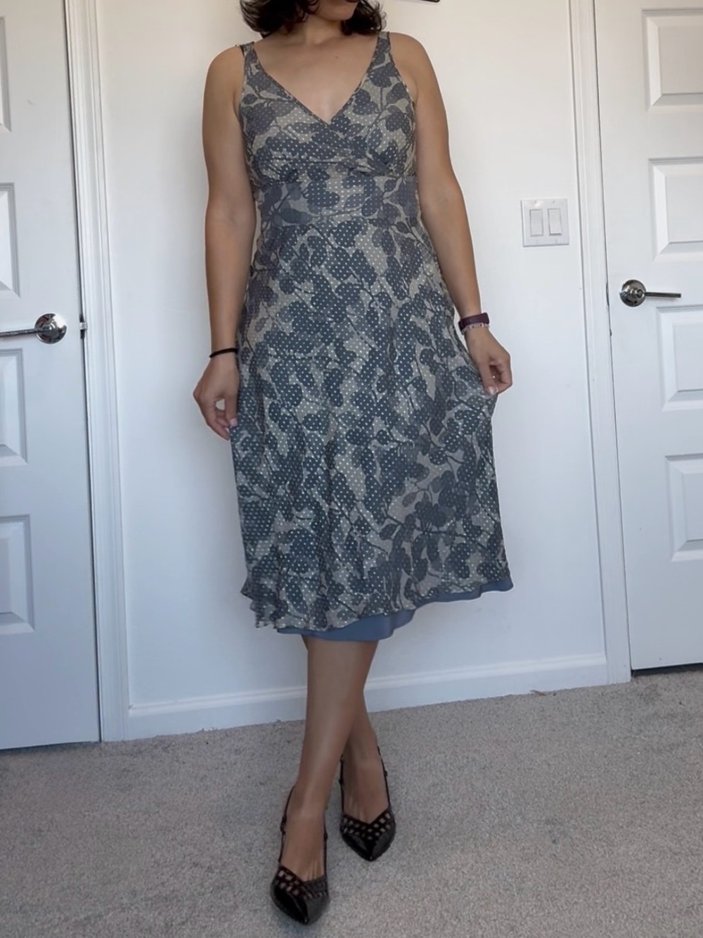 J. Crew Silk Gray Floral V-Neck Midi Dress- romantic whimsigoth tea party